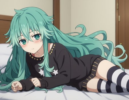 score_9, score_8_up, score_7_up, source_anime,
natsumikyouno,  <lora:natsumi-kyouno-s4s5-ponyxl-lora-nochekaiser:1>,
natsumi kyouno, long hair, very long hair, green hair, aqua hair, green eyes,
thighhighs, long sleeves, striped, star \(symbol\), sweater, striped thighhighs, star print,
indoors, bed, bed room, on side, blush, drunk,
looking at viewer, solo, cowboy shot, dutch angle,