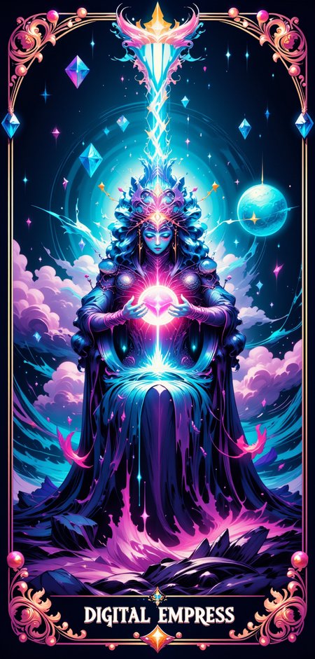 "A stylized Tarot card titled 'The Digital Empress,' featuring a regal, ethereal figure seated on a throne of glowing, crystalline circuitry. The Empress, adorned in a gown made of flowing, iridescent fabric that shifts between shades of deep blue and violet, holds a holographic orb in her hand, within which swirls a galaxy of stars and cosmic energies. Her crown is a delicate, intricate network of luminous wires and gemstones, pulsating softly with otherworldly light. The background is a dreamlike blend of neon-infused clouds and geometric patterns, creating a sense of surreal majesty. The cardâs border is decorated with intricate, floral motifs intertwined with sleek, technological elements, glowing softly in vibrant hues of turquoise and magenta."
<lora:abstract_render_flux:0.4>,<lora:Painted_World_Flux:0.8>,<lora:Dreamwave_FLUX:0.6>,<lora:dreamlands_flux:0.6>,