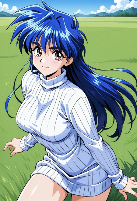 arai_kiyomi, brown eyes, blue hair, long hair, sweater dress, turtleneck, ribbed sweater, <lora:Graduation_arai_kiyomi_illustrious_ver1:0.8>
light smile,, 1girl, solo, blue sky, (grasslands:1.2), looking at viewer,, masterpiece, best quality, sensitive,, (cowboy shot, dynamic pose:1.4),