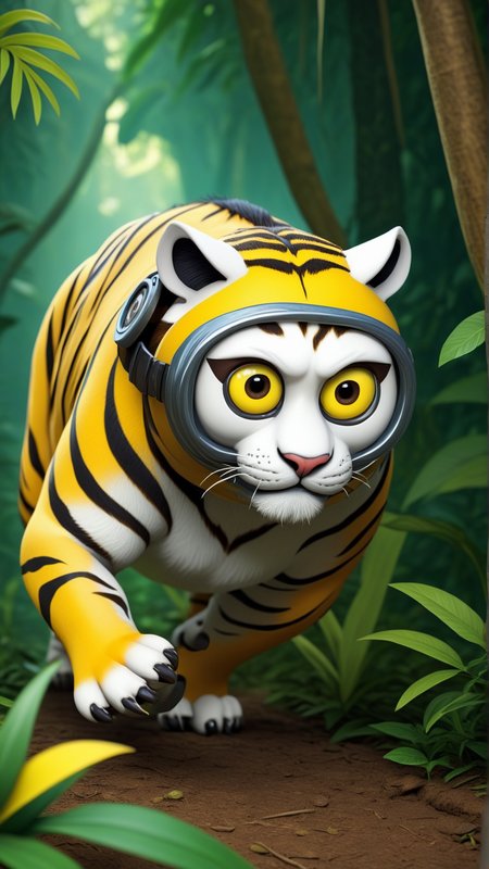 fantasy, archaeology  theme, <lora:MinionStyleXL:1> MinionStyle a fierce tiger prowling through the jungle with eyes locked on its prey as a minion