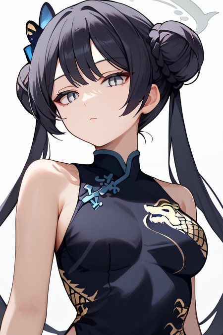 score_9, score_8_up, score_7_up, source_anime, rating_safe, intricate details, 1girl, solo, <lora:Kisaki_V2:1>, kisaki, black hair, double bun, grey eyes, halo, long hair, sleeveless dress, black gloves, black dress, china clothes, looking at viewer, indoor, expressionless, cowboy shot