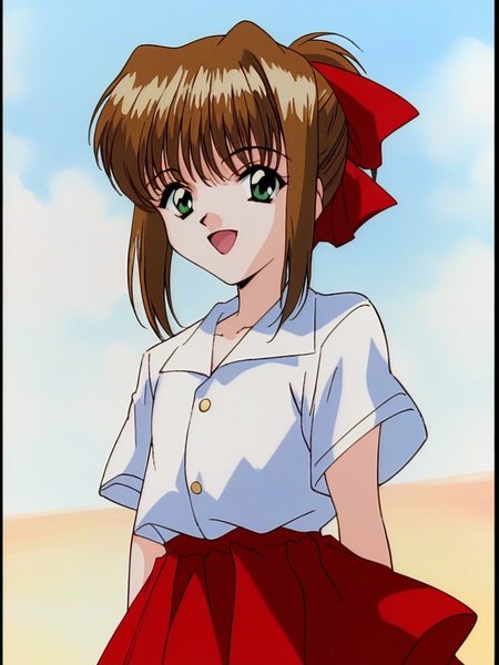 score_9, score_8_up, score_7_up, source_anime, rating_explicit, BREAK  <lora:Imouto_SG_XL:0.9>Imouto_SG, brown hair, short hair, hair bow, green eyes, red bow, ponytail, bangs, flat chest, short stack, 
solo,
smile. white short sleeve. red skirt, standing, open mouth,
looking at viewer, 
cowboyShot,
outdoor, sky,