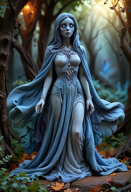 (medium full shot) of (otherworldly ghost) ethereal figure, transparent fading body, fading hands, glowing blue eyes, bluish skin, with a flowing gown, shimmering faintly with an eerie glow, vengeful, with a flowing cape, holding a broken skull, set in  a shadowy forest, with rustling leaves, distant howls, a ghostly presence, during a full moon, amidst a thick fog,  Masterpiece,best quality, very aesthetic