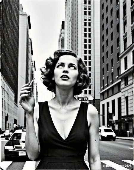 A realistic black and white photograph of a young beautiful brunette woman standing on a city street, wearing a black v-neck dress, with short curly hair, holding a cigarette in her hand, looking up at the sky, with tall buildings in the background, cars driving on the street, street signs on the buildings, daytime, medium shot, detailed face, realistic skin texture, film grain, high resolution, natural lighting, dramatic shadows, shot with a Leica camera, 50mm lens, f/2.8 aperture, 1/250 shutter speed, ISO 200, shot on Kodak Tri-X 400 film., <lora:_Flux\_Photographer\Helmut_Newton-000001.safetensors:0.8300000000000002:0.8300000000000002> <lora:_Flux\_Skin_Appearance\detailifier_flux-000006.safetensors:0.8300000000000002:0.8300000000000002> <lora:_Flux\_Skin_Appearance\Old_Beauty.safetensors:0.7500000000000001:0.7500000000000001>, A stunning black and white portrait of a young woman, her face partially obscured by a strip of 35mm film. The film runs vertically, bisecting her face, with the individual frames visible and adding an intriguing layer to the composition. Her expression is serene, eyes gazing slightly off-camera, framed by dark, wavy hair. The lighting is soft and diffused, creating subtle shadows that accentuate her features. The background is a soft, out-of-focus white, drawing attention to the subject. The overall mood is artistic and contemplative, evoking a sense of classic Hollywood glamour. The image is reminiscent of vintage photography, with a timeless quality. The contrast between the smooth skin and the textured film adds visual interest. The composition is simple yet effective, creating a captivating and memorable image., <lora:_Flux\_Photographer\Helmut_Newton-000001.safetensors:0.8300000000000002:0.8300000000000002> <lora:_Flux\_Skin_Appearance\detailifier_flux-000006.safetensors:0.8300000000000002:0.8300000000000002> <lora:_Flux\_Skin_Appearance\Old_Beauty.safetensors:0.7500000000000001:0.7500000000000001><lora:_Flux\_Photographer\Helmut_Newton-000001.safetensors:0.8300000000000002:0.8300000000000002> <lora:_Flux\_Skin_Appearance\detailifier_flux-000006.safetensors:0.8300000000000002:0.8300000000000002> <lora:_Flux\_Skin_Appearance\Old_Beauty.safetensors:0.7500000000000001:0.7500000000000001>