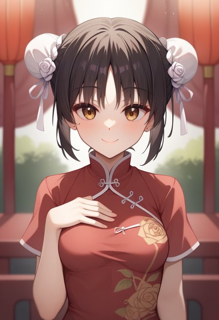 score_9,score_8_up,score_7_up,score_6_up,<lora:shiki_natsume_pony:1>,1girl, black_hair, blurry_background, braid, brown_eyes, china_dress, closed_mouth, commentary_request, depth_of_field, double_bun, fingernails, floral_print, hair_flower, hand_on_own_chest, hand_up, medium_breasts, print_dress, red_dress, red_rose, shiki_natsume, short_sleeves, sidelocks, smile, solo, upper_body, white_flower