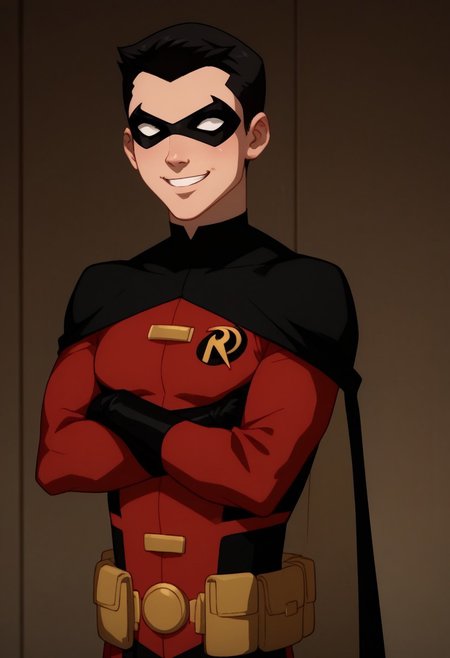 score_9, score_8_up, score_7_up, highly detailed, cute boy, 1boy, solo, timdrakeyj, red outfit, robin symbol, black cape, utility belt, domino mask, black hair, smile, arms crossed