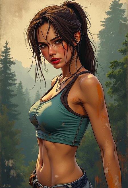 expressive poster ink art, closeup portrait of Lara Croft, long dark brown hair in a ponytail, sidelocks, red lips, dirty aqua crop top, pierced navel, short denim shorts, posing in front of an abstract background of a forested vally, disheveled hair, bare shoulders, slightly parted lips, detailed fabric, [masterpiece], [best quality], golden hour