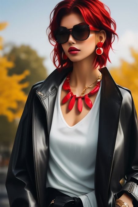 masterpiece, best quality, ultra detailed, bellissima, 1girl, white top, black pants, trench coat, Armani style, very short hair, red hair, freckles, earrings, chain necklace, sunglasses, cowboy shot