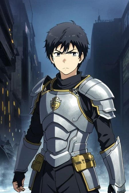 high resolution, solo, best quality, 1Boy, Arata Kaizaki, Black Hair, dystopia, serious looking, armor, fantasy, OverallDetail