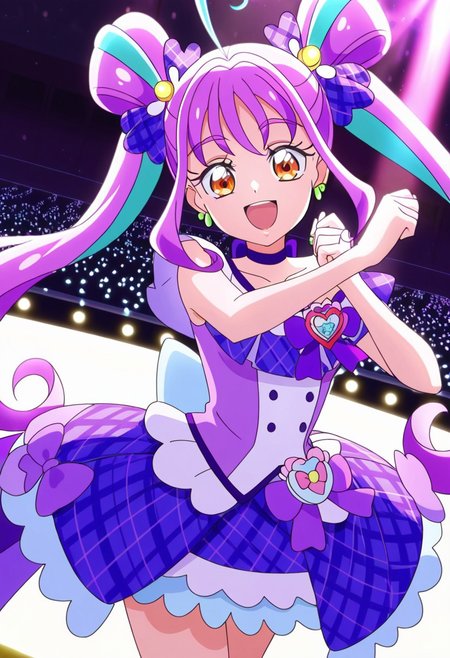 general,highres, ultra-detailed,very aesthetic,best quality ,best hands,best eyes,easynegative,
dynamic anglre, dutch angle, anime cloring,anime screencap,
1girl solo,looking at viewer,concert hall,on stage,light,dancing,smile,open mouth,
Cure Kyunkyun,purple hair,twintails,multiclored hair,amber eyes,small breasts,short body,ahoge,hair ornaments,hair ribbon,butterfly ribbon,purple ribbon,earrings,jeweries,idol costume,