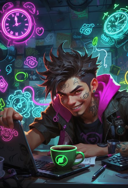 from front, from side,  (from above, looking down,) ally stressed (Thai, almond-shaped eyes, olive-colored skin, Asian smile,)  man  exaustion, (drowning in coffee:1.13), (Style: (League of legends, (Arcane:1.16), (Jinx:0.3)'s chaotic crazy (toonish:1.01) doodles, (macabre:1.14) neon toon doodles), (bright neon colors:1.22), (hot pink:0.98), (electric blue:0.86), (lime green:0.89), (extreme highlighted neon colors:1.16), (Jinx-style: (insane:1.18) (crazy:0.91) (chaotic:1.12) (colorful:1.24), (anarchy:1.18) (chaos:1.03)), (insane doodle graffiti:1.16), overdrawn glowing neon-graffiti doodles overlay, League of legends arcane-style, )
(Deadline looms) A panicked worker, eyes wide, staring at a clock with seconds ticking by. Background: A messy desk, laptop open with a looming project deadline (masterpiece:1.08), (high image quality:1.08), (RAW:0.93),subsurface tering (high resolution photograph:1.28),high definition,  <lora:sdxl\Hyper_Realism_Pony_XL.safetensors:0.85:0.18>  p15,s9