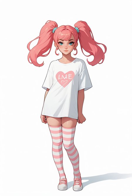impressionist painting core_9, score_8_up, score_7_up,  1girl, pink hair, twintails, striped thighhighs, skindentation, . loose brushwork, vibrant color, light and shadow play, captures feeling over form