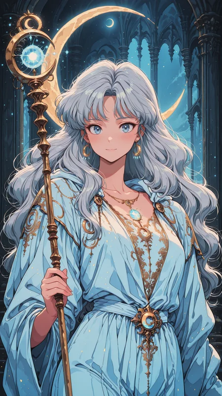 1girl, long silver hair, glowing blue eyes, elegant robes, intricate golden embroidery, crescent moon staff, floating magical symbols, ethereal glow, soft lighting, fantasy portrait masterpiece, best quality, amazing quality, very aesthetic, absurdres, detailed eyes, newest, <lora:PinkieRetroAnimeIL:1>, pinkretroanime, retro art,