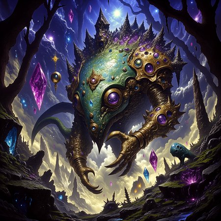 highly detailed, intricate, detailed background, famous artwork inspired by (elden ring:1.3) and (frank frazetta:1.2) and (henry higginbotham:1.4) and (kaja foglio:1.1) and (don maitz:1.3), gothic fantasy style, the imposing "robotic harbshmoggler", a fantastical alien fizzledyme with its colorful scaly hide is well adapted to hunt its prey, the "lithoid necrojink" in the (shimmering crystalline:1.2) forests of the flunking and (vast underground caves:1.2) on planet "grummelmoor prime", golden ratio, in the style of ck-ovf, amanoer, arsmjstyle, dnddarkestfantasy, aidmamj6.1, 
<lora:style-oneviolentfantasy-ep21-flux-by_chronoknight:0.44> 
<lora:style-yoshitaka_amano-elden_ring-flux-by_alicient:0.68> 
<lora:style-dnd_dark_fantasy-flux-by_arsmachina:0.8> 
<lora:midjourney_61-v0.4-flux-by_aidma:0.44> 
<lora:faetastic_details-flux-by_faeia:0.44>