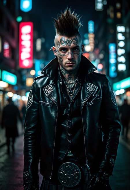 In a dystopian city, a celticpunk rebel with a Celtic twist stands tall. Their face, marked with intricate Celtic tattoos, tells a story of resistance and freedom. Dressed in a leather jacket adorned with Celtic symbols and a kilt, they exude an air of defiance. The city's neon lights reflect off their spiked mohawk, creating a unique, punk-inspired look. Their presence challenges the oppressive regime, embodying the spirit of Celtic rebellion and the fight for freedom. Celtic-inspired aesthetic incorporating punk elements, traditional Celtic music, augmented mechanical enhancements.  <lora:flux_trainer/fluxPunk_v1:1.0>
