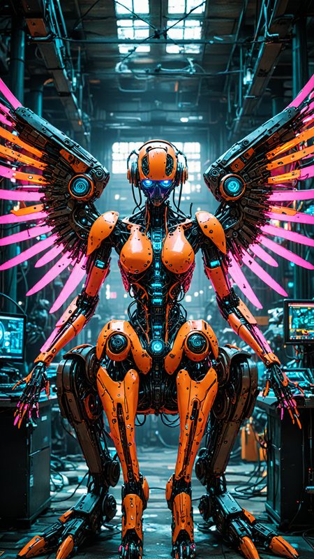 (masterpiece, best quality, intricate, detailed, ornate, vibrant colors), indoors, (factory), machinery, neon, CyberAngel, sitting, (mechanical parts), mechanical limbs, (mechanical wings), cybernetic augmentations, probes, cables, wires, biopunk, cyberpunk, technology, UHD