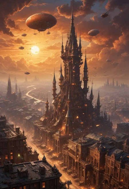 (Arial, downward angled, expansive photograph), ((colossal flying city in the sky above the desert is hovering ahead at a distance), in a (dramatic sky streaked with orange and hues of a setting sun), (the flying city, is supported by massive, churning propellers and jet engines spewing thick black smoke)), 
((The flying city's cityscape is a labyrinth of metal and rivets, with jagged spires and towers bristling with antennas, pipes,  radar dishes, suspended walkways and bridges connect various parts of the city, rust-streaked fuel tanks and oil drums are bolted onto buildings, connected by thick tubes), (buildings vary from gothic cathedrals with stained glass windows to utilitarian factories with soot-stained chimneys)),
<<BREAK>>
((A cluster of zeppelins and airships hovers near the flying city, docked to gantries, below, a massive rotating turbine creates a shimmering heat haze, adding to the city's fortress-like presence),
((The industrial aesthetic, scene is illuminated by the warm glow of incandescent lamps and occasional sparks from welding torches, highlighting the contrast between the mechanical and the signs of human life))