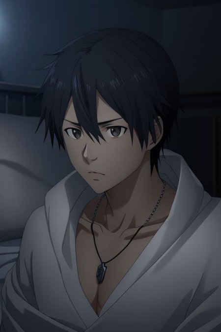 high resolution, solo, best quality, 1Boy, Kazuto Kirigaya, portraits, Black Hair, Black Eyes, bedroom, dimly lit, pillow, blanket, necklace, upper body quarter, shirtless, sixpack, horny, OverallDetail
