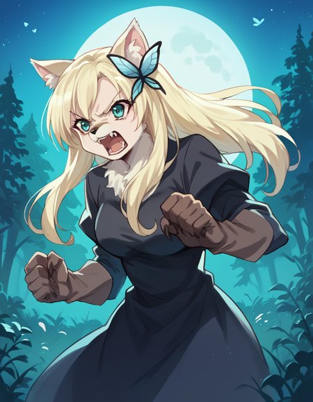 score_9, score_8_up, score_7_up, source_anime, <lora:sena-kashiwazaki-s2-ponyxl-lora-nochekaiser:1>, sena kashiwazaki, long hair, blonde hair, hair ornament, aqua eyes, butterfly hair ornament,, <lora:werewolf-ponyxl-lora-nochekaiser:1>, werewolf, furry, fangs, animal ears, gloves, angry, teeth, animal ear fluff,, forest, night, moon, open mouth,, cowboy shot