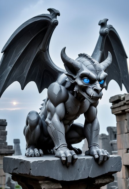 (medium full shot) of (petrifying slate grey polished stone gargoyle) with perched body, majestic wings, blue eyes, curved horns, spines along back, set in  a mystical ancient ruin, with hidden runes, faint whispers, an enchanting presence, at dusk, ,Masterpiece,best quality, raw photo, realistic, very aesthetic