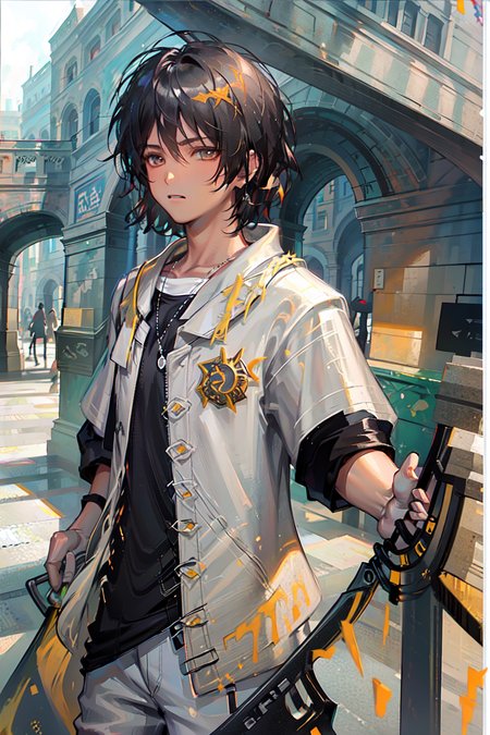(solo:1.5),(masterpiece:1.5),(best quality:1.5),(bust:1.3),Amazing,beautiful detailed,extremely detailed wallpaper,extremely detailed CG unity 8k wallpaper,extremely delicate and beautiful eyes,{{1boy}},male_focus, thorns,weapon,jewerly,black t-shirt,street,dynamic pose,