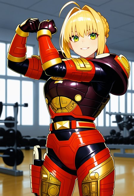 1girl, solo, R3ddle, armor, bodysuit, shoulder pad, gloves, belt, holster, shiny clothes, (nero claudius (fate):0.9), blonde hair, green eyes, flexing, looking at veiwer, smile, parted lips, cowboy shot,
indoors, gym,
best quality, very aesthetic, masterpiece,