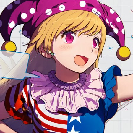 clownpiece 1girl, solo, long hair, blush, smile, open mouth, bangs, blonde hair, hat, hair between eyes, upper body, short sleeves, wings, striped, pink eyes, star (symbol), arm up, polka dot, fairy wings, star print, purple headwear, jester cap, american flag dress, neck ruff, clownpiece  <lora:Gumi-000064:1>
