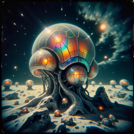 extremely detailed, golden ratio, very aesthetic, dramatic, strange and otherworldly scenery, award-winning pinhole photography, dim lighting, at night,  bioluminescence, subsurface scattering, fractal art, the feeble "rainbow-colored quortzyshmitz" is a sublime and rare biomorphic life form roaming the flexiloid crystalline lands of its homeworld "gazorpazorp v", its gleaming geometric shell shimmering with iridescent colors under a climfrypowered dramatic sky, dappled sunlight, detailed background, <lora:image_enhancer-flux-by_dever:0.68> <lora:style-eldritch_pinhole_photography-flux-by_eldritchadam:0.88>