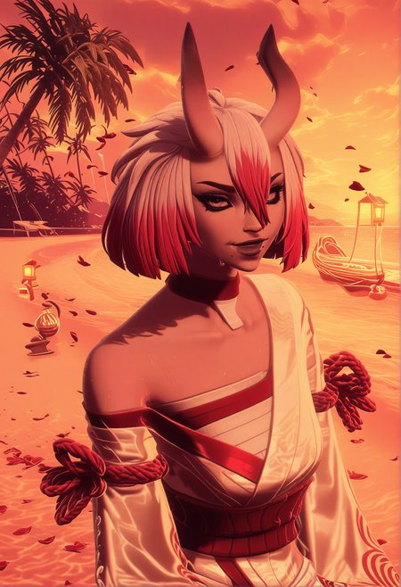GLSHS,delicate colors,partially illuminated, (masterpiece, absurdres, very awa:1.4), golden hour, orange theme, sunset, beach, rocks, beach ball, sand, palm tree, smug, looking at viewer, female focus, (portrait:1.3), fortniterestorednightrose, 1girl, short hair, long hair, bob cut, pink hair, red hair, white hair, multicolored hair, two-tone hair, hair between eyes, yellow eyes, red eyes, white eyes, black sclera, colored sclera, black eyes, makeup, smile, closed mouth, mole, two moles, mole under mouth, moles under mouth, two moles under mouth, horns, oni horns, armor, japanese armor, bare shoulders, off shoulder, wide sleeves, long sleeves, kimono, sarashi, sash, obi, gloves, red gloves, rope, shimenawa, white pants, colored skin, white skin, red skin, white boots,  water, wet skin, towel draped around body, cleavage, steam, gentle ripples in water, warm lantern glow, flower petals floating on water, <lora:GLSHS-IL:1.3>,  <lora:Fortnite_The_Night_Rose_All_Outfits_ILXL:1.1>, <lora:dmd2_sdxl_4step_lora:1>