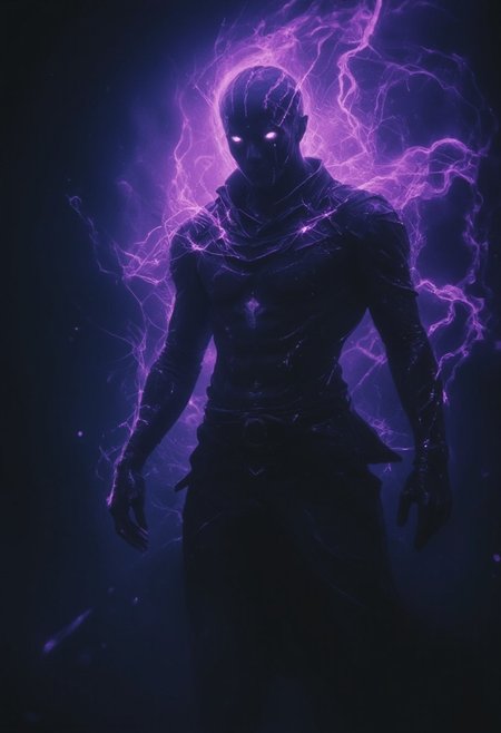 A dark, ethereal lich spirit floats in a haunting void, its form barely visible, flickering with deep violet and midnight blue hues. Its ghostly figure, shadowy and graceful, exudes an eerie, ancient energy. Wisps of darkness swirl around the spirit, shimmering with faint traces of arcane magic. Its texture appears almost spectral, with tendrils of black mist spiraling from its form. The surrounding space feels ominous and otherworldly, as if this spirit has long transcended life. Its hollow gaze pierces through the darkness, cold and distant, exuding a powerful, foreboding presence that sends shivers down the spine. The scene is filled with a sense of mystery and dread, as if this otherworldly being holds secrets from beyond the grave, an embodiment of ancient sorcery and untold power.