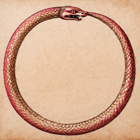 Ouroboros, ruby colored eyes, snake eating its own tail, snake with its tail in its mouth, snake, solo snake, drawn on ancient parchment paper, background is parchment paper. ancientegypt, detailed background.