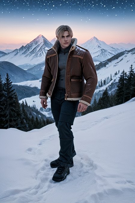 score_9, score_8_up, score_7_up, score_6_up
<lora:RE4Leon:1.0>
RE4Leon, 1boy, blonde hair, looking at viewer, Snow-covered mountain range under a starry sky, majestic and serene, full body