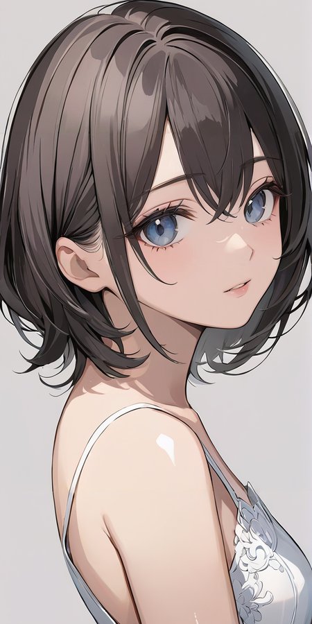 masterpiece,ultra-detailed,best quality,8K,illustration,cute face,clean skin ,shiny hair,girl,ultra-detailed-eyes,simple background, <lora:add-detail-xl:1> <lora:wolf cut hair_XL_V1.0:1> wolf cut hair,short hair