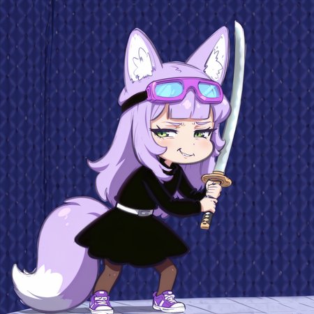 <lora:George_Constanza_Baseball_Bat_Meme_Illustrious:1> costanza face, skeptical expression, narrowed eyes, smirk, holding katana, best quality, masterpiece, 1girl, solo, cute face, Long Hair, Purple hair, green eyes, purple goggles in head, purple fox ears, sexy, eyelashes, purple fluffy fox tail, fullbody, long sleeves,
black dress with lace up back, nylon brown pantyhose, holding katana, purple sneakers, chibi
amazing quality, highres, meme, blue background, chain-link fence, standing, hunched over, character portrait, <lora:George_Constanza_Baseball_Bat_Meme_Illustrious:1> costanza face, skeptical expression, narrowed eyes, smirk, holding object