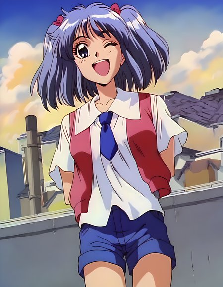<lora:pony_xl_chipple:0.9>,chipple,score_9,score_8_up,score_7_up,source_anime,best quality,masterpiece,super fine illustration,1girl,solo,vest,white shirt,blue necktie,shorts,blue shorts,smile,laughing,one-eyed wink,day,sky,city,street,standing,arms_behind_back,rim light,lens_flare,cowboy_shot,looking_at_viewer,