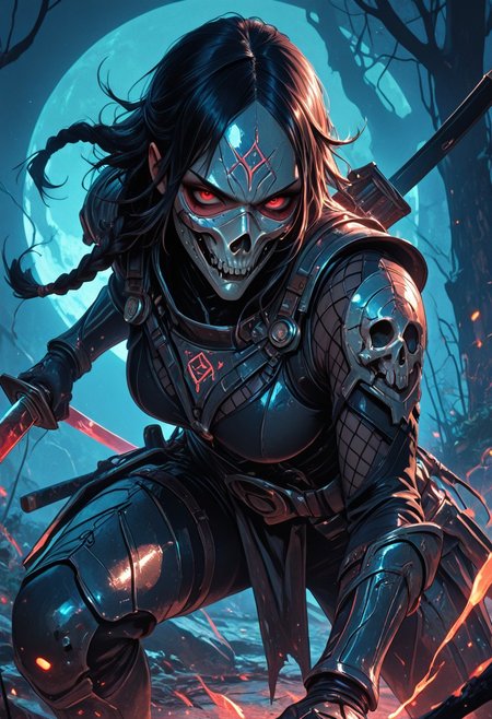 (masterpiece), (best quality), (8k), 1girl, cinematic lighting, dynamic action pose, highres, very detailed, amazing quality, masterpiece, fujimoto_tatsuki, fujimoto_tatsuki_(style), 
very aesthetic, intense,
particle effect,
1girl, samurai, solo, braided hair, layered samurai armor, engraved, bodysuit, tight clothing, fishnets, sleeveless, futuristic armor, runic symbols etched in armor, armored legs, full mask, halfmask, katana, red eyes, skulls, 
assassin theme, japan theme,
looking at viewer, tough pose, holding spear,
mountains, 
at night, night, close up, closeup,