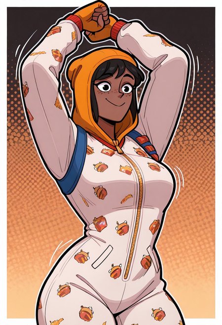<lora:ilonesie-10:1> onesie, 1girl, orange hood, solo, 
 SkylaCruzPXL
 SkylaCruzV2
 Skyla,freckles, dark skin, dark-skinned female,black hair,black eyes, short ponytail,short hair, ponytail,beanie,medioum breast , slim, dynamic pose, dancing, dance moves
, smile, orange fingerless gloves, , zipper, animal print, white onesie <lora:welwraith-guy90-Illust-Lycorisv1:1> welith, wide hips, masterpiece, best quality, amazing quality, very aesthetic, absurdres, newest,, upper body, halftone effect, white borders, abstract background:1.2,