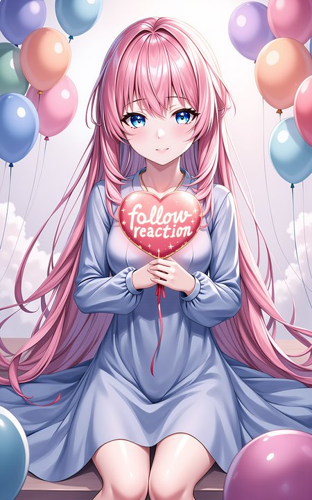 A pink long-haired girl wearing a spring-style long-sleeved dress in elegant blue,surrounded by a burst of colorful balloons in various shapes and hues,sitting casually,facing front,both hands gently holding a heart-shaped balloon close to her chest,the balloon has glowing letters âfollow reactionâ written on it,heart-shaped sparkle overlay,dreamy saturated lighting from below,stylized shading,fantasy-inspired color tones,
<lora:hakaseayaka-base-02-flux:0.7>,hakaseayaka,blue eyes,long pink hair,anime-style,