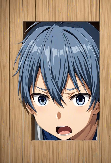 high resolution, solo, best quality, 1Boy, Tomoya Okazaki, Grey Blue Hair, surprised, peeking out, OverallDetail