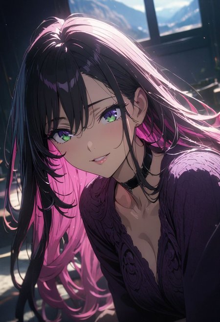 1woman, solo,  long hair, pink hair, black choker, green eyes, eyeliner, gorgeous lips, cinematic, (masterpiece), (best quality), (ultra-detailed), very aesthetic, illustration, perfect composition, intricate details, absurdres, detailed face, motion blur, (anime, masterpiece, intricate:1.3), (best quality, hires textures, high detail:1.2), (4k),(incredibly detailed:1.4) 
vibrant colors, female, masterpiece, sharp focus, best quality, depth of field, cinematic lighting, shiny hair, hair between eyes, black hair, purple eyes, long hair, indoors, smiling, black and purple theme, black and purple outfit, show, sunlight, mountains, landscape,