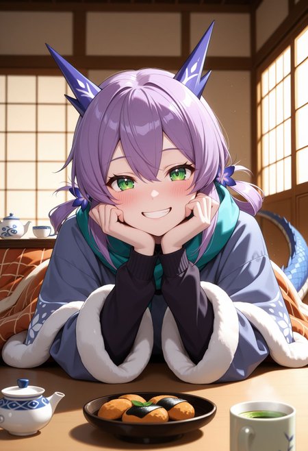 masterpiece,best quality,absurdres,highres,very aesthetic,high quality,detailed,insanely detailed,beautiful,perfect lighting, looking at viewer, smile, grin,
 <lora:Flatorte illu:0.8> 1girl, purple hair, long hair, green eyes, hair ornament, dragon girl, dragon tail, 
winter clothes, tea, kotatsu, low table, small japanese teapot, green tea, senbei, smile, blush, looking at viewer,