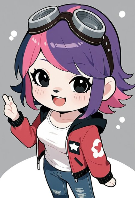 zPDXL3, score_9, score_8_up, score_7_up, score_6_up, score_5_up, score_4_up, 
1girl, medium breasts, 
goggles on head, white tank top, denim jacket, open jacket, denim jeans, hooded jacket, 
spramona, ramona flowers, two-tone hair, pink hair, purple hair, black eyes, solo,
acvillager, (chibi:1.2) ,