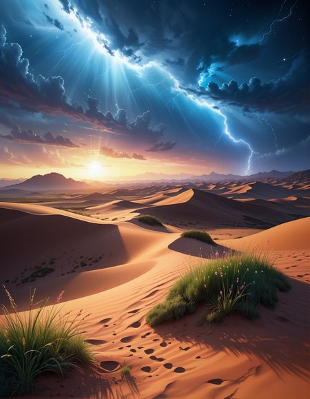 Sci-fi landscape
a vast desert wasteland, with rolling dunes, harsh sunlight, sparse vegetation, and an air of desolation,
a misty open sea, with low visibility, eerie silence, and ghostly ambiance ,
Thunderstorm with lightning Weather,
Contrails crisscrossing cerulean sky,
Urban light pollution washing stars,
Summer wheat fields swaying,
Wadi dry riverbeds,
Coral reefs floating in zero-gravity,
,
,
Osamu Tezuka 
(masterpiece:1.4), (intricate details:1.4), (hyperrealistic:1.3),(painting:0.9),(ultra detailed:1.4), (8k resolution:1.3), (sharp focus), (dramatic perspective:1.1), (chromatic aberration:0.3), (film grain:0.2),
<lora:JuggerCineXL2:0.3>,
<lora:add-detail-xl:0.3>,
<lora:WildcardX-XL-Detail-Enhancer:0.4>,
<lora:xl_more_art-full_v1:0.7>,
<lora:ClassipeintXL2.1:0.3>,
<lora:Flux-XL_Scenery:0.3> flux-scenery ,
<lora:EnvyDramaticLightingXL01:0.7>
detailxl,