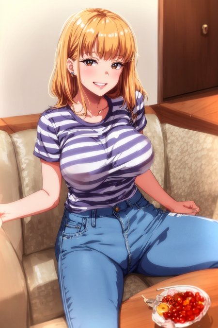 <lora:LCM_LoRA_Weights_SD15:0.3>, (masterpiece), (best quality), <lora:H.Aika:0.8>, h.aika, solo, ring, jewelry, sharp focus, BREAK, living room, striped shirt, jeans,grin,looking at viewer,nipples
