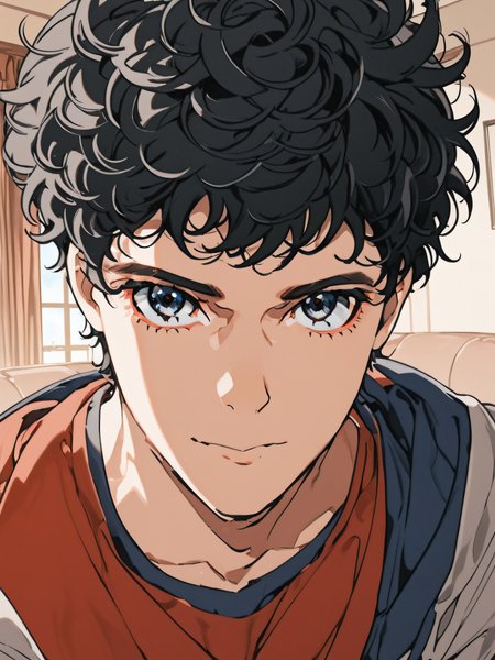 A  detailed digital painting of a young man with damp hair , deep and expressive eyes, and a confident yet calm expression. He is wearing a vibrant sports jersey with intricate patterns. The background is softly blurred with warm natural lighting filtering through, creating a cozy indoor ambiance.<lora:AnimeSKetch:2>