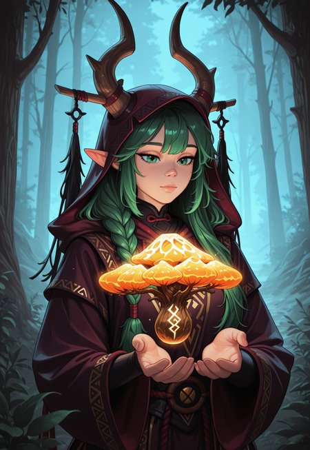 score_9, score_8_up, score_7_up, 1girl, solo, mystical druid, flowing robes with nature-inspired patterns and earthy tones, ancient wooden staff with carved runes and a glowing crystal at the top, long braided auburn hair adorned with flowers and leaves, realistic, cinematic angle, cinematic lighting, graceful body, wise face, deep green eyes, meditative pose
BREAK
standing in a sacred grove surrounded by ancient trees
BREAK
source_fantasy_art, rating_explicit, expressive, full body, elegant pose
BREAK
detailed beautiful background, enchanted forest with towering ancient trees and lush undergrowth, glowing mushrooms and luminescent plants, mystical creatures such as fairies and woodland spirits, distant mountains with waterfalls, serene atmosphere with a sense of harmony and magic
<lora:Expressive_H:0.6>Expressiveh, (SimplepositiveXLv1:1.3), (upper body, full clothed:1.85) ((masterpiece)) (ultra realistic, 32k, masterpiece:1.2), (high detailed skin:1.1), (high quality:1.1) (((full clothed))) <lora:DandonFuga_Style_v.2_-_Pony:0.8> 
<lora:add-detail-xl:1> 
<lora:Dynamic Poses:1>