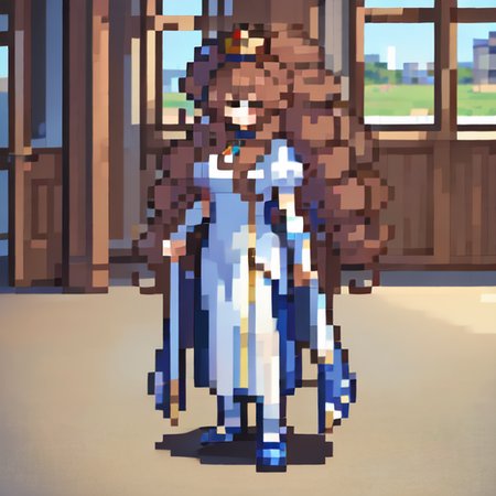 ((best quality)), ((highly detailed)), masterpiece, absurdres, detailed face, beautiful face, (detailed eyes, deep eyes), (1girl), Forced Perspective, full body, princess, ((very long hair)), <lora:big_hair-1.0:1>, big hair, curly hair, light brown hair, large dress, (maxiskirt), crown, (indoors, in a gym), <lora:FE_V2:.9>