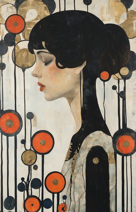 masterpiece,best quality,<lora:tbh269-sdxl:0.9>,illustration,style of Koloman Moser, tech genius teenage girl