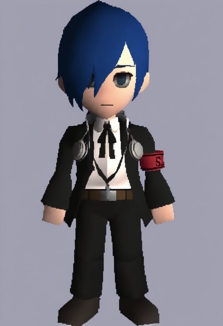 masterpiece, best quality, solo, 1boy, looking at viewer,  <lora:FF7-Chibi-illus_Fp:1>, full body, simple background, 3d, <lora:Makoto-illus_Fp:1>, m4koto, blue hair, blue eyes, short hair, black jacket, collared shirt, black neck ribbon, white shirt, hair over one eye, headphones, unworn headphones, chibi, red armband, black pants, belt,