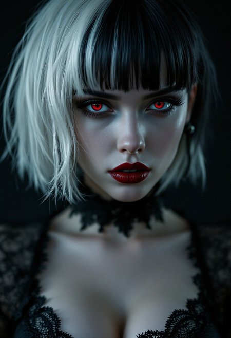 Photorealistic close up portrait of  a young woman with striking features . She has a pale skin tone and striking black and white hair, with a bold, edgy style. Her hair is cut in a short, choppy manner with black roots and white tips, red eyes and deep red lips. Her pale skin is accentuated by the contrast of light hitting one side of her face,   Her makeup is bold and dramatic, with dark eyeliner, mascara, leaving the other in shadow. lace choker, cleavage,  corset, seductive, sultry, seductive, blending gothic elegance with a soft, vulnerable expression. The background is silhouetted, creating a dramatic and mysterious atmosphere  <lora:aidmaFLuxPro1.1_v0.3:0.5> aidmafluxpro1.1